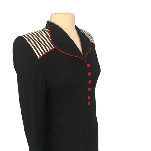 JSJ Petites Vintage 80s Black White Rayon Mod Peplum Dress 4, 34 bust Red Piping - Picture 4 of 9